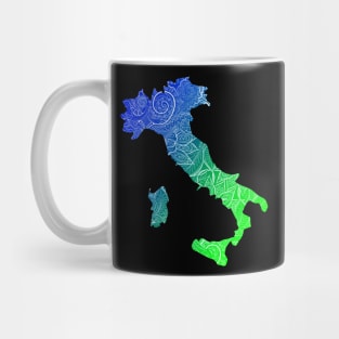 Colorful mandala art map of Italy with text in blue and green Mug